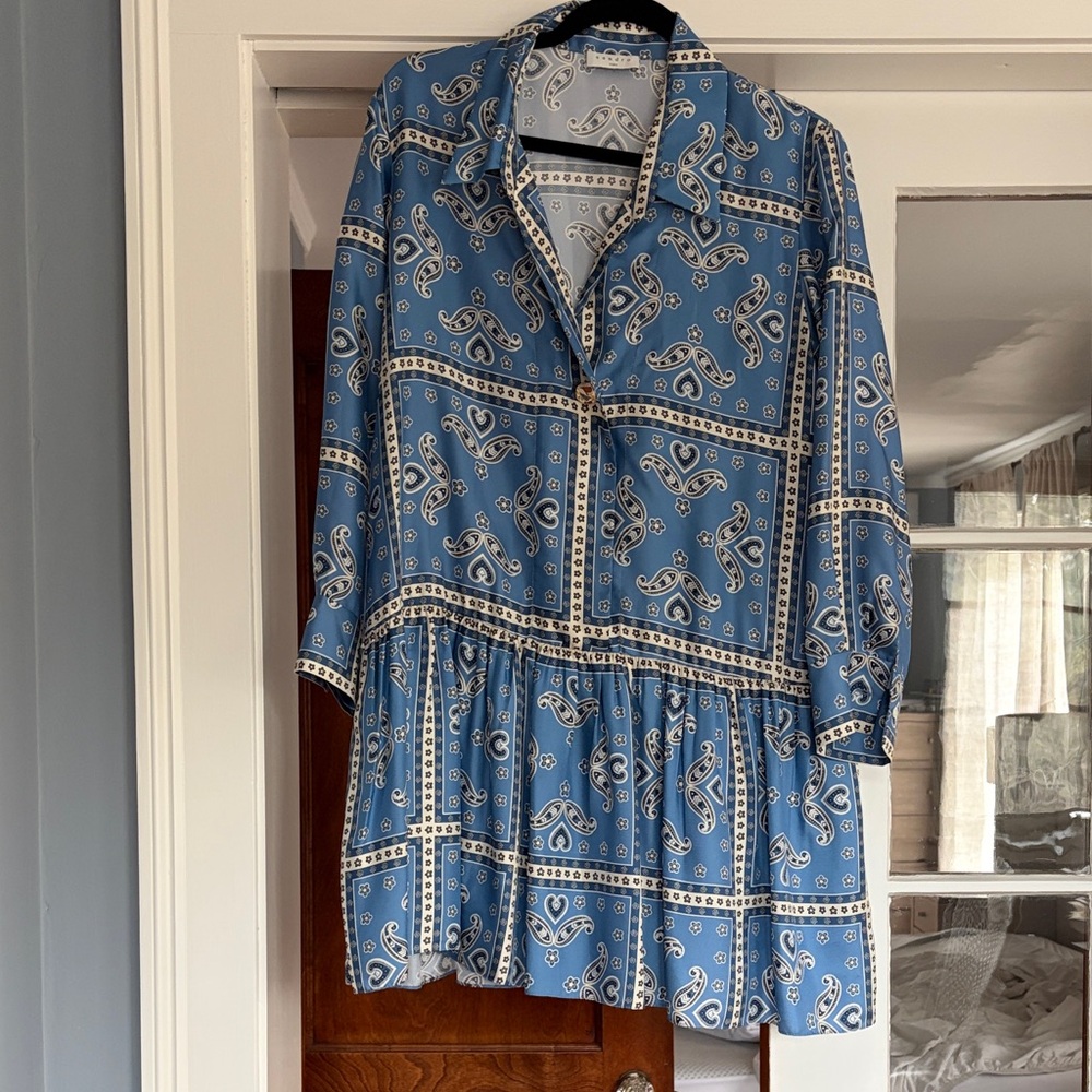 Sandro Blue Paisley Print Long-Sleeve Tiered Dress